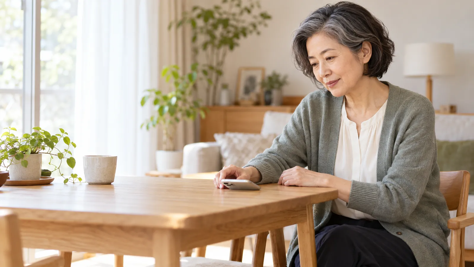 机に置いたスマートフォンを見つめる女性