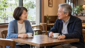 喫茶店で向かい合って話す女性と男性