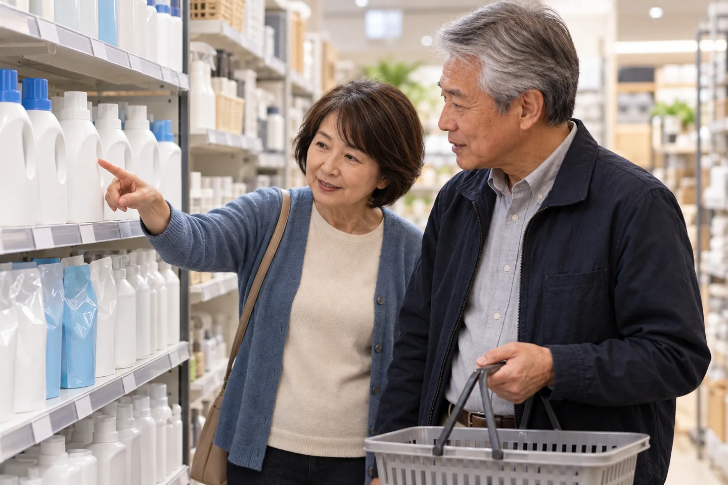 日用品の棚で品物を指す女性と、かごを持つ男性