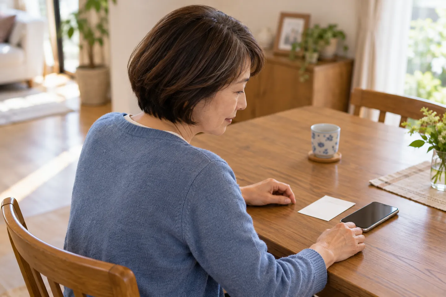 メモとスマートフォンを前に考える女性