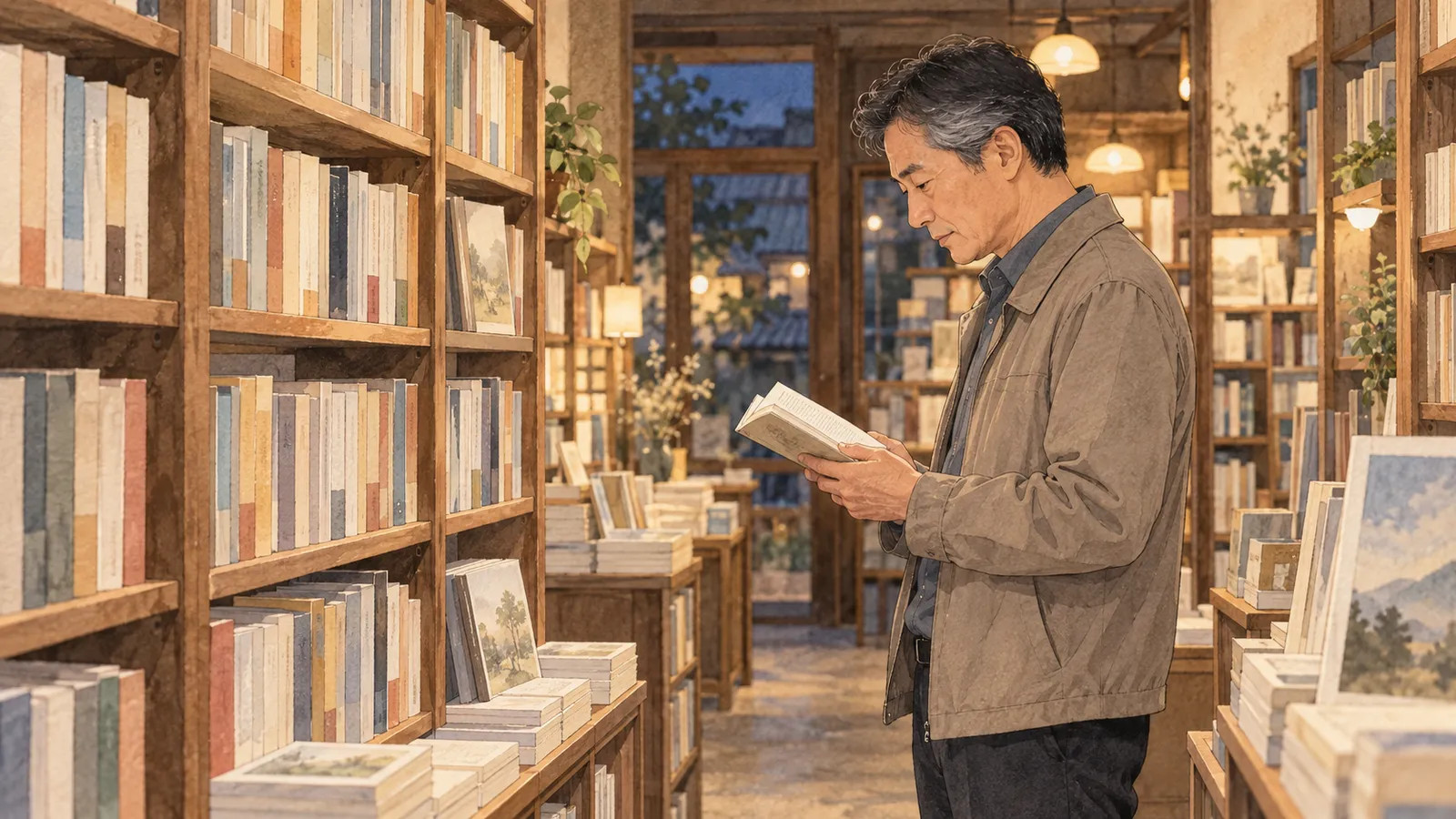 本屋で文庫本を開く男性